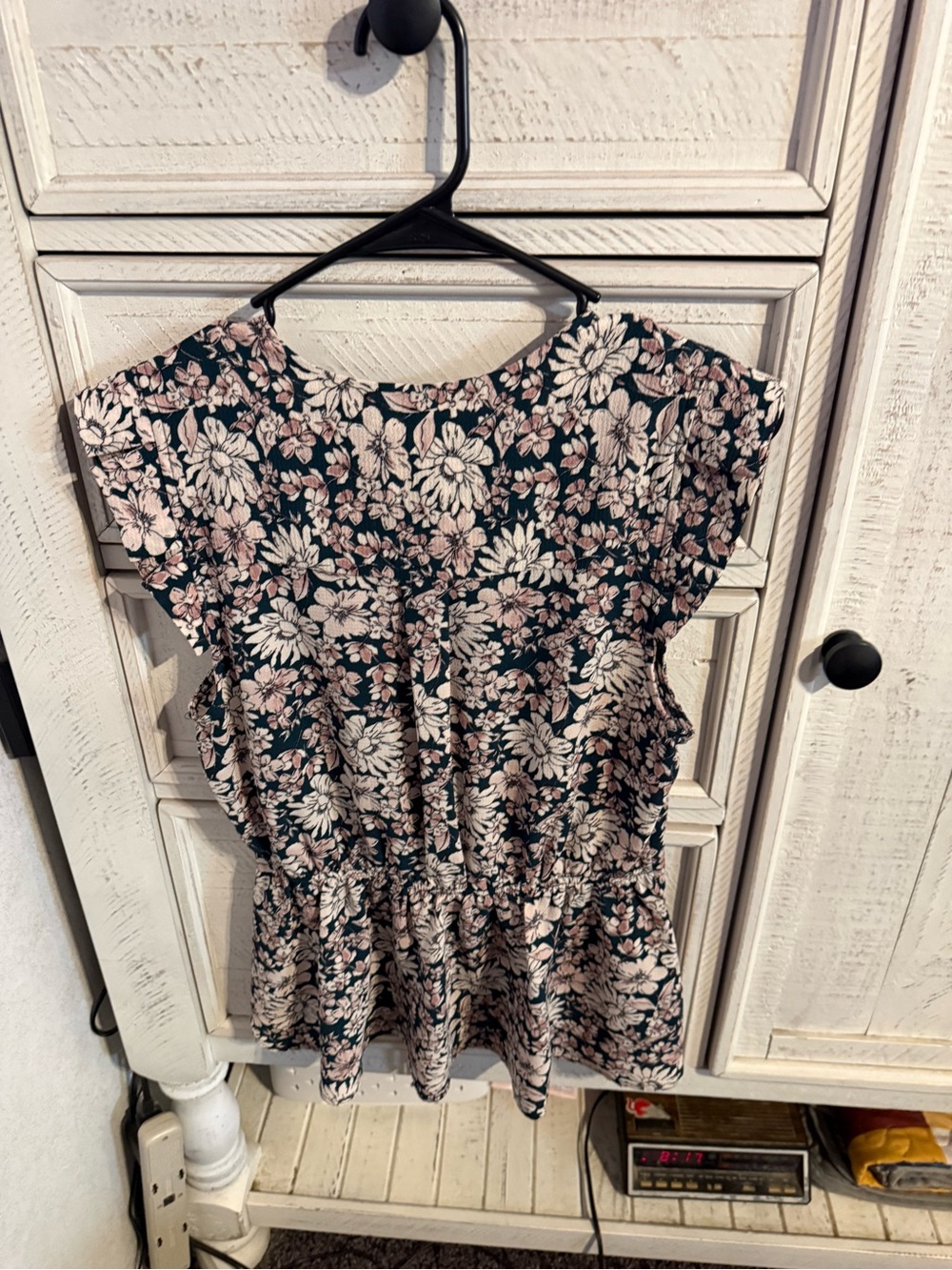 Monteau Dark Green Floral Peplum Blouse with Blush and Cream Flowers